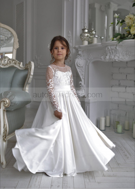 Sheer Long Sleeve Ivory Lace Satin Flower Girl Dress